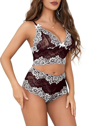 Image of Lilosy Sexy Lingerie for Women Lace Pajamas Set Cami Bra and Panty High Waist Sheer Sleepwear 2 Piece 2XS-6XL