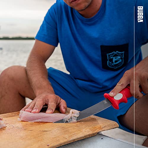 Bubba 7" Tapered Flex Folding Knife With Non-Slip Grip Handle, Offset Full Tang Stainless Steel Blade, Lanyard Hole And Synthetic Sheath For Fishing #TOP6