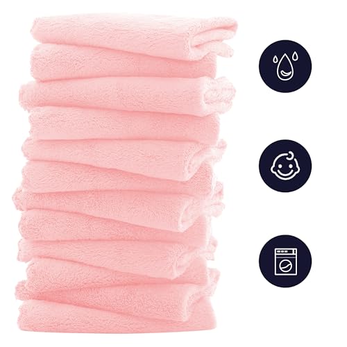 Image of 16 Pack Baby Washcloths - Luxury Coral Fleece - Extra Absorbent and Soft Wash Clothes for Newborns, Infants and Toddlers - Suitable for Sensitive Skin and New Born - Baby Shower - Pink,10x10 Inch