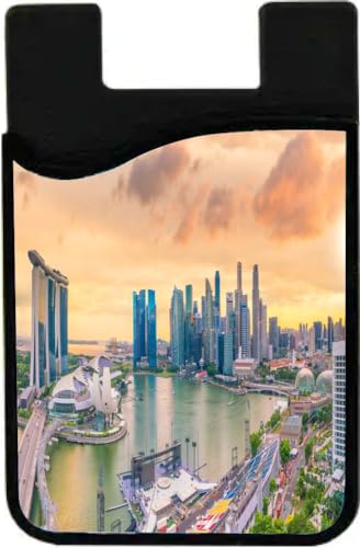 Island Gifting Neoprene Stick-on ID Card Holder for iPhone/Galaxy/Google Android Cases Featuring Image of Downtown Skyline of Singapore Sunrise