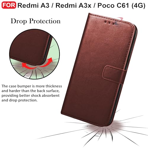 Image of CEDO Flip Cover for Redmi A3 / Redmi A3x / Poco C61 (4G) | Leather Finish | Inside Pockets & Inbuilt Stand | Shockproof Wallet Style Magnetic Closure Back Case Flipcover (Brown)