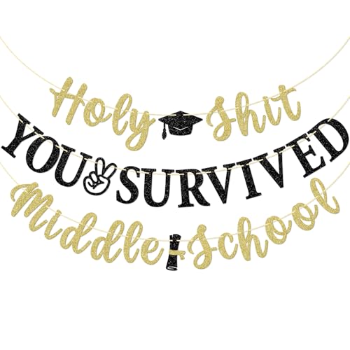 Middle School Graduation Banner, 8TH Grade Party Graduation Decorations, You Survived Middle School, Gold and Black Glitter