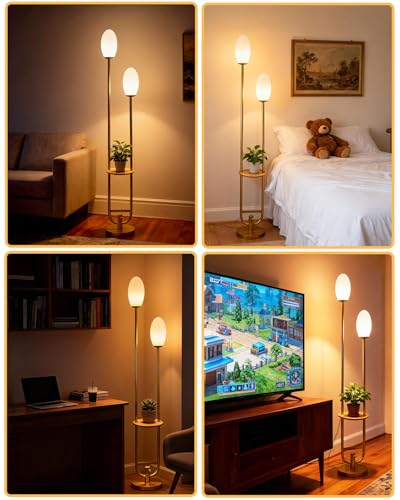 Image of Lightdot Gold Dimmable Floor Lamp with Oval Bulbs Included Unique Tall Standing Lamps with Table Mid Century Modern Floor Lamp with 5Lbs Heavy Base for Living Room /Party /Sofa Beside /Corner Decor