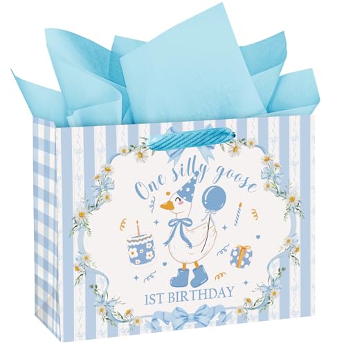 WRAPAHOLIC 13" Large Silly Goose 1st Birthday Gift Bag with Tissue Paper - Blue One Silly Goose Paper Bags for Boys Birthday Baby Boy Shower and Party