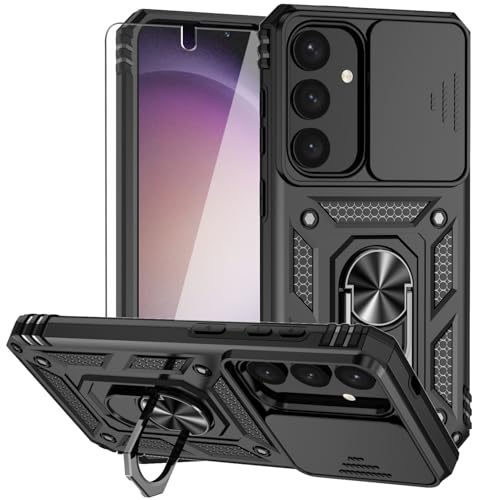 YZOK for Samsung Galaxy S25 Case,with Camera Lens Cover HD Screen Protector,[Military Grade] Ring Car Mount Kickstand Hybrid Hard PC Soft TPU Shockproof Protective Case for Galaxy S25, Black