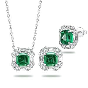 Emerald Green Women Jewelry Set Silver White Gold Plated Sugar-Loaf Cut Square/Trillion Halo Pendant Necklace and Earring Studs Hypoallergenic, Birthday Anniversary Wedding Christmas Gifts for Women