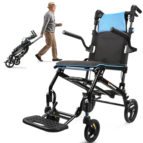 Wheelchairs for Adults,Utral-Lightweight(only 19.4lbs) Transport Chair, Foldable and PortableTravel Wheelchair with Telescopic Handle,Portable Folding Transfer Wheelchairs for Seniors(Blue)