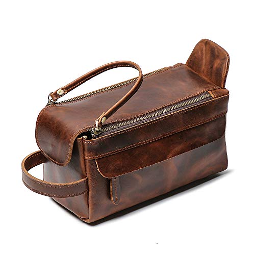LeathFocus Leather Toiletry Bag, Dopp Kit Organizer Travel Accessories Cosmetic Bag (Coffee)