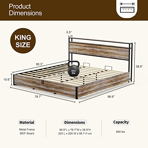 Ikifly King Size Lift Up Storage Bed - Metal King Platform Bed Frame With 2-Tier Storage Shelf Headboard & Charging Station, Solid Wood Slats, No Box Spring Needed/Easy Assembly - Wood Brown #TOP1