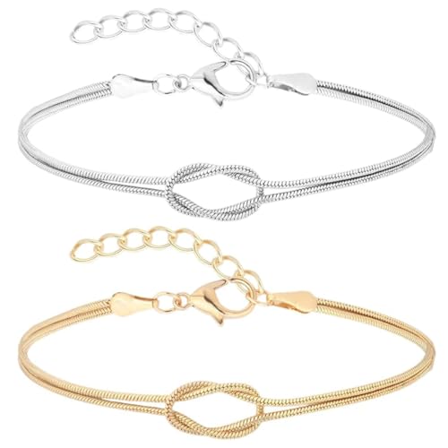 XUZOPIM Pack Of 2 Love Knot Snake Chain Infinity Bracelet 14K Adjustable Gold And Silver Bracelet Partner Armbänder For Couples Friendship Relationship Matching Bangles Gold