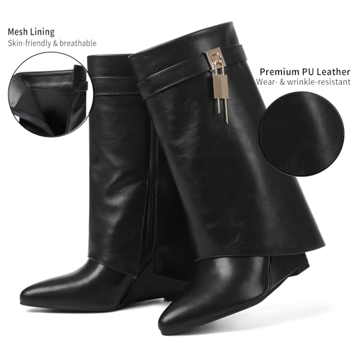 CYNLLIO Shark Boots Fold Over Wide Calf Boot Covered Wedge Heel Ankle Booties Pull On Almond Toe Botas w/Side Zipper Decorative Padlock3