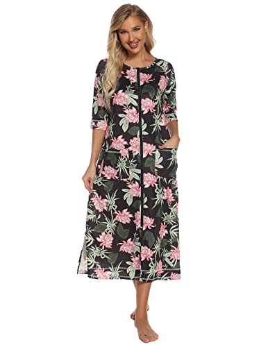Image of Veseacky Women Robe Zipper Front House Coat 3 /4 Sleeve Nightgown Full Length Ladies Lounge Dress with Pockets S-XXL