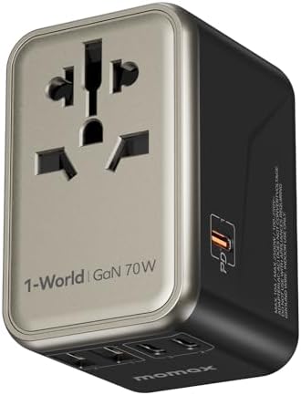 MOMAX Reisestecker Adapter Weltweit, 70W GaN Universal Travel Adapter mit 3 USB C und 2 USB A,6-in-1 Reiseadapter Weltweit für EU UK USA Japan (TYP A/G/C/I)