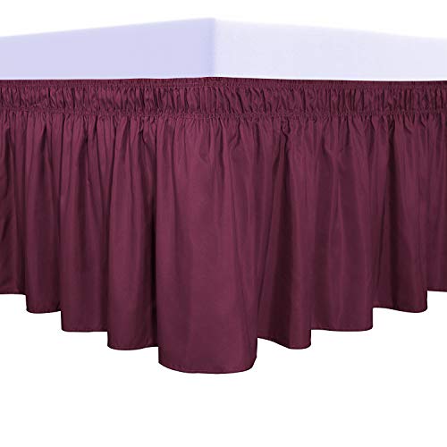 PureFit Wrap Around Ruffled Bed Skirt with Adjustable Elastic Belt - 22 Inch Drop Easy to Put On, Wrinkle Free Bedskirt Dust Ruffles, Bed Frame Cover for Twin,Twin XL and Full Size Beds, Wine