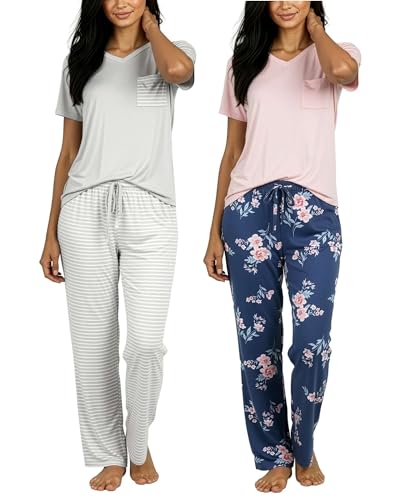 Real Essentials 2 Pack: Women's Comfy Pajama Sets - Short & Long Sleeve Ladies Loungewear Sleepwear PJs (Set G Purple & Pink, Medium)