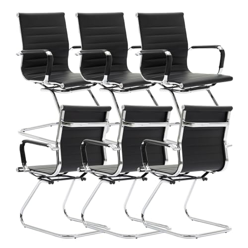 chairus Juego de 6 Silla de Oficina de Cuero PU Sillas de Trabajo con Reposabrazos, Silla de Reuniones Minimalista Mobiliario de Oficina Robusto para Empresas/Sala de Reuniones, Negro ⭐