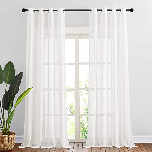 NICETOWN Thick Linen Sheer Ivory Curtains for Privacy Protection, Grommet Rustic Flax Semi Sheer Window Drapes with Light Penetration for Farmhouse/Living Room, W52 x L90, Set of 2