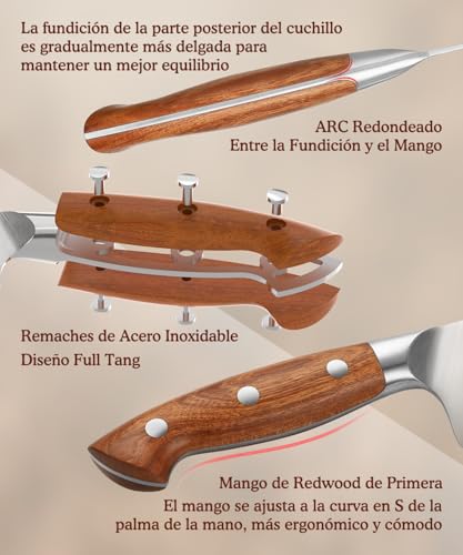 HEZHEN Juego de Cuchillos de Cocina 5 Piezas, Set Profesional de Cuchillos de Chef de German en Acero Cuchillo Santoku，Universales Cuchillos de Trinchar, Mango Ergonómico de Madera de Redwood - imagen 2