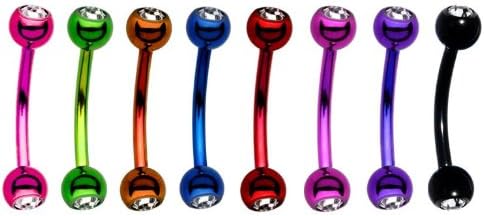 NEON Eyebrow 8 Pack Ring Piercing w/GEMS - Pink, Green, Orange, Blue, Red, Dark Purple, Light Purple, Black - Titanium Anodized Curved Barbell 16g 7/16" (Standard Size)