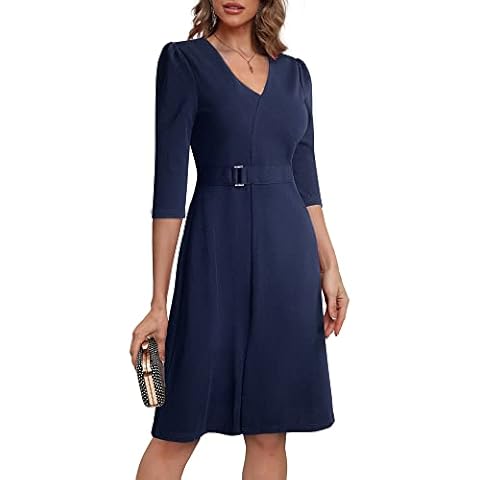 HOMEYEE Women's Elegant V-Neck 3/4 Sleeve Rockabilly Swing Cocktail A-line Dress A322 (XL, Navy Blue) Cover
