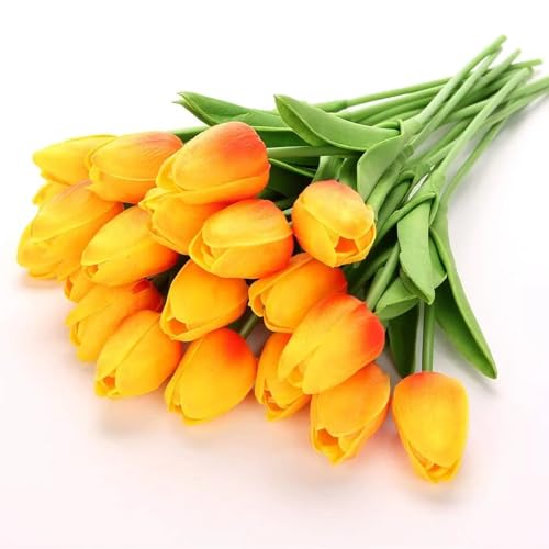 Image of 20Pcs Stems 13.5 Inch Sunset Red PU Artificial Moisturizing Tulips, Faux Sunset Red Tulips Flowers for Thanksgiving Christmas Decorations Wedding Home Table Vase Floral Arrangements