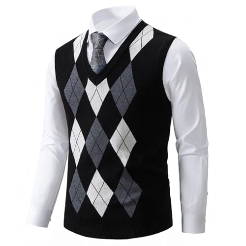 Men Plaid Contrast Sweater Vest V-Neck Sleeveless Casual Thick Pullover Kntted Waistcoat2