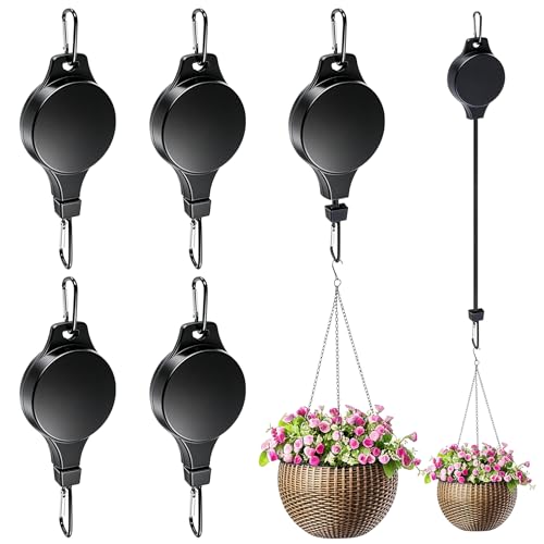TERVEEX Retractable Plant Hanger with Pulley System Effortless Raising and Lowering for Indoor and Outdoor Plants Hanging Planters Garden Pots & Bird Feeders (4-Pack Black)