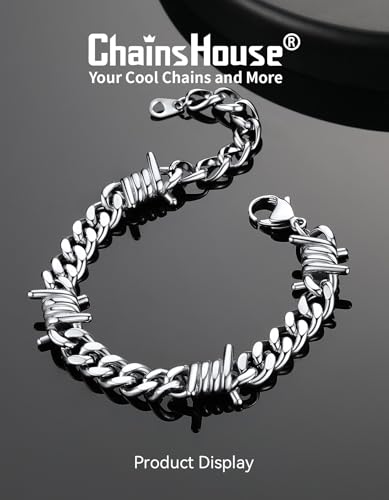 ChainsHouse Barbed Wire Bracelet, Cuban Link Chain Bracelet for Men, Stainless Steel Gothic Punk Thorns Hand Chain, Hip Hop Jewelry, 7mm/9 mm Width, 7"-8.3" Length, Send Gift Box3