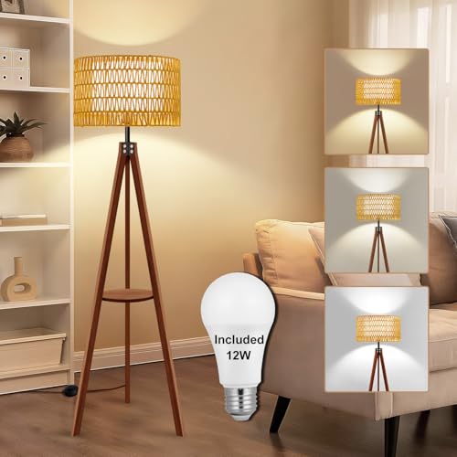 Vinaco Boho Tripod Floor Lamp with Shelf, 3 Color Temperatures 60 inch