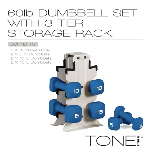 Image of Tone Fitness Neoprene Dumbbell Set with Storage Rack - Non-Slip, Anti-Roll Hand Weights for Home Gym Workouts | 20 lb, 32 lb, 50 lb, 60 lb & 100 lb Options