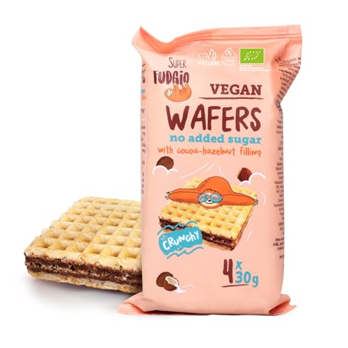 SUPER FUDGiO BIO Waffeln mit Kakao und Haselnusscreme ohne Zucker und Palmöl | Vegan |120g (4x30g)