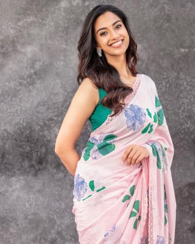 Image of Sidhidata Women's Georgette Printed Saree With Unstitched Blouse Piece (Elephant White White Free Size)