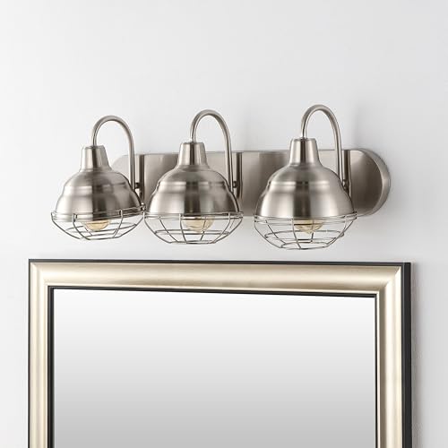 Image of JONATHAN Y Levi 3-Light Vanity 24.5 inch Industrial Metal, Nickel | Farmhouse Rustic Wall Sconce, Caged Bell Shade, Dimmable, Hardwired, UL Listed, LED Bulbs Included