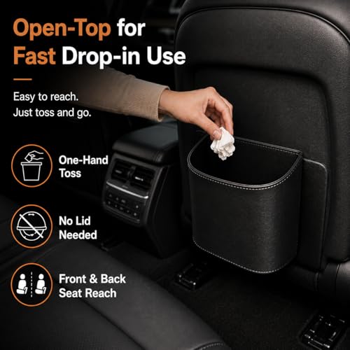 Image of COZILO Leather Car Trash Can - Leakproof & Easy-to-Clean Car Garbage Can for Luxury Cars, SUVs & Trucks | Includes 60 Custom Liners, Secure Hook, Easy Install, Black