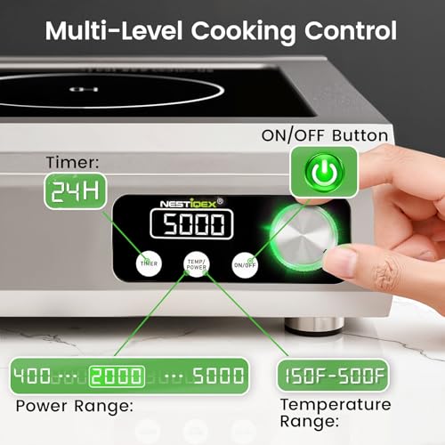Image of 5000W Commercial Induction Cooktop, Hardwired 208V 3-Phase | Large 9.25-In Pure Copper Coil, Hardwired Commercial Induction Range for Restaurants & Institutional Foodservice