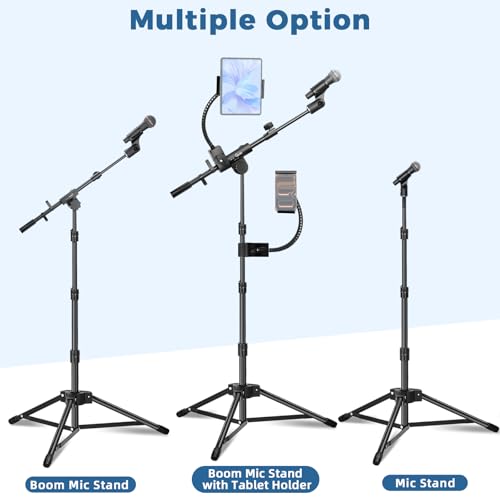 Image of GUITTO Microphone Floor Stand with Phone /Tablet Holder, Adjustable Boom Mic Stand with Heavy-Duty Base, Dual Device Mount for Streaming, Podcasting, Recording, and Live Performances GMS-04