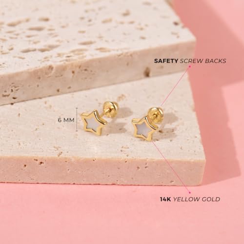 14k Yellow Gold Mother of Pearl Star Screw Back Earrings For Young Girls and Toddlers - Elegant Mother of Pearl Earrings For Girls - Special Star Shaped Accessories for Little Girls4