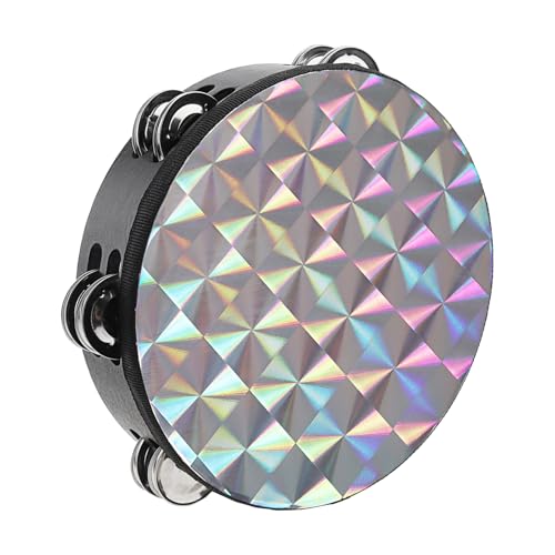 OriGlam Radiant Tambourine with Double Row Jingles, Hand Held Drum Reflective Tambourine, Drum Percussion Musical Instrument for Adults Church KTV Party Dance (8 inch)