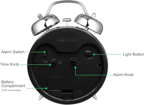 Image of RUCON Table Analog Clock 4.5 Inches Alarm Super Loud for Heavy Sleepers Retro Twin Bell Metal Frame Clock with Night Backlight Function Bedside Alarm for Bedroom /Office (Black Silver)
