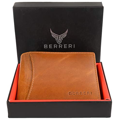 Mens Real Leather Slim Wallet Genuine Bifold Credit Card RFID Blocking Distressed Vintage Purse with Mens Gift Box (Tan)2