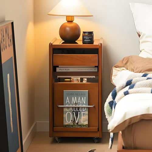 Mesita de noche de madera con cajón secreto, mesa auxiliar rodante con parte superior de cristal, almacenamiento versátil para dormitorio y sala de estar, sofá Orga (28 x 40 x 53 cm)