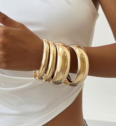 Image of Chunky Gold Bangle Bracelets for Women, Dainty 14k Gold Plated Big Stackable Bangles Set, Trendy Statement Cuff Bracelet Stack Fashion Jewelry Gifts