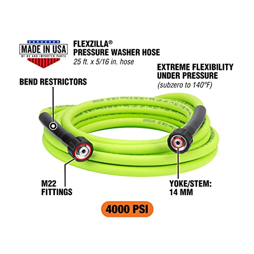 Image of Flexzilla Pressure Washer Replacement Hose, 5 /16 in. x 25 ft., 4000 PSI, M22 Fittings, No-Kink, Lightweight, ZillaGreen