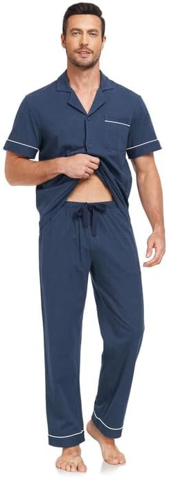 COLORFULLEAF Men's 100% Cotton Pajamas Set Button Down Short Sleeve Sleepwear Long Pants Pjs for Men with pockets - Image 2