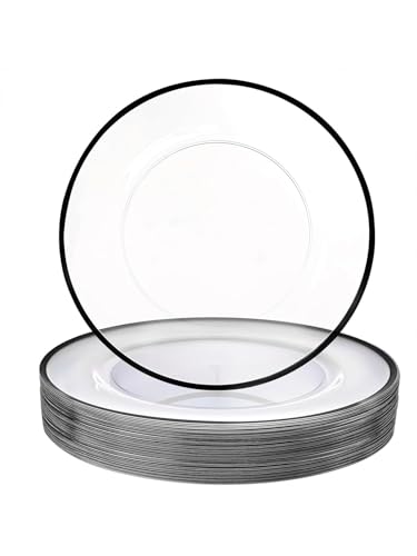 WDF 25 Pack Black Charger Plates - Clear Charges with Black Trim - 12inch Disposable Chargers Plates for Graduation Wedding Party Birthday Dinner
