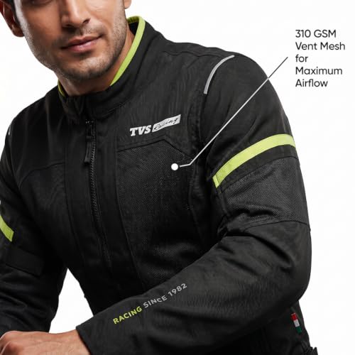 Image of TVS Racing Tech-Core Road Jacket for Men | CE2 armour <5kN at Shoulders Elbows and Back | 600D Chassis | 310gsm Vent Mesh | High-Vis Reflective Tech| YKK zippers