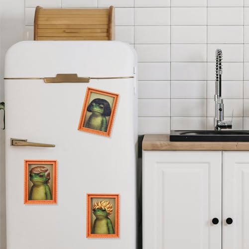 3PCS Funny Frog Fridge Magnet, Cute Retro Mini Framed Frog Art Magnet, Funny Retro Art Wooden Magnet Frames with Strong Hold，Quirky Mini Frog Fridge Magnet for Fridge or Magnetic Board (Wood Frame 1) - image 4