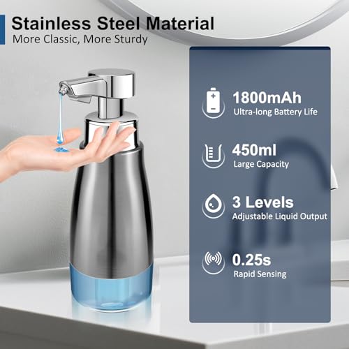 Automatic-Soap-Dispenser-Touchless-Stainless-Steel-Auto-Liquid-Hand-Dish-Soap-Dispenser-3-Level-Adjustable-Hands-Free-Electric-Silver-Soap-Dispenser-Rechargeable-for-Kitchen-Bathroom