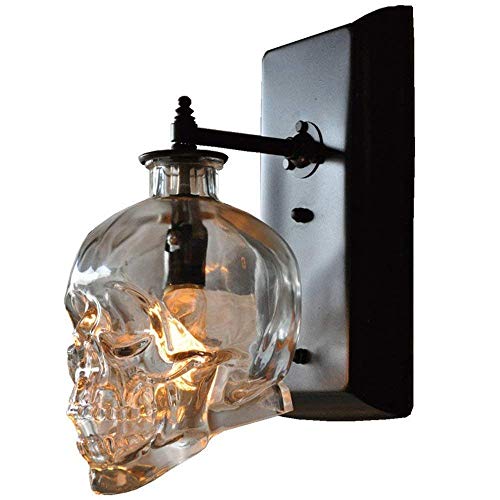 Aplique de Pared Industrial con Forma de Calavera Fantasma y Pantalla de Cristal Transparente, Vintage E14, Ideal para Loft, baño, Dormitorio, decoración de Halloween.