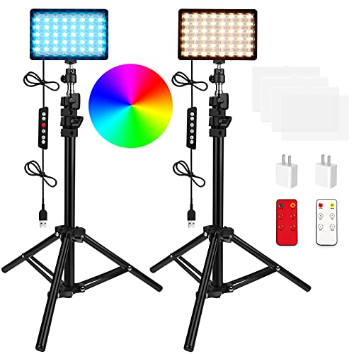 QEUOOIY 2 Packungen RGB LED Videoleuchte mit verstellbarem Stativ /Weißfilter, dimmbares 2500-6500K USB Studio…